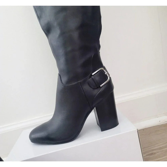 Vince Camuto Black Sidney Leather Block Heel Tall Knee High Buckle Boots 8.5 - Picture 8 of 16
